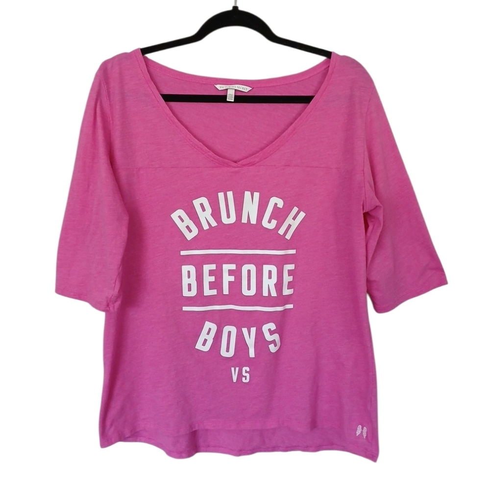 Victoria's Secret Brunch Before Boys Pink V-Neck Graphic Tee 3/4 Sleeve Medium